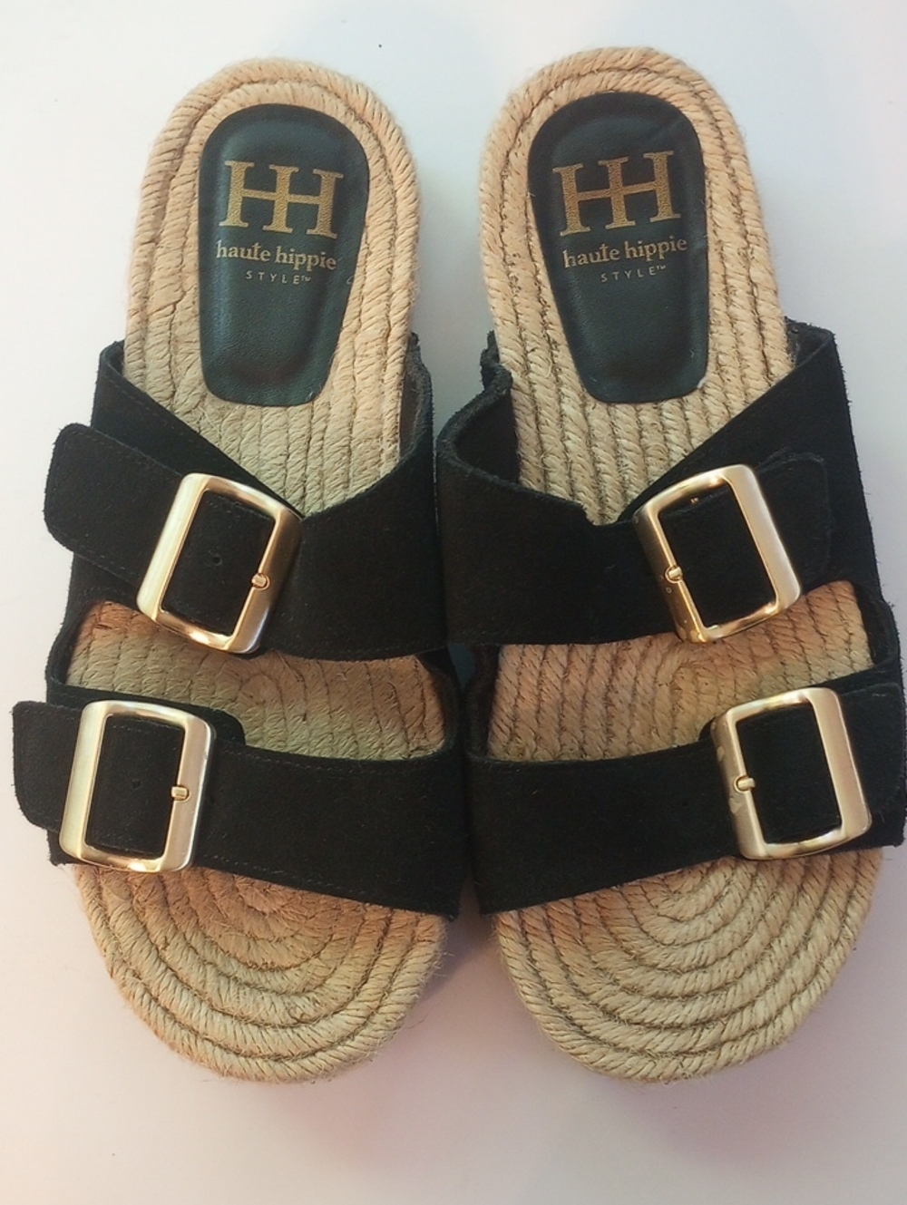 Haute Hippie Nikki Sandals Black Suede Espadrille Jute Buckle Slides 8.5